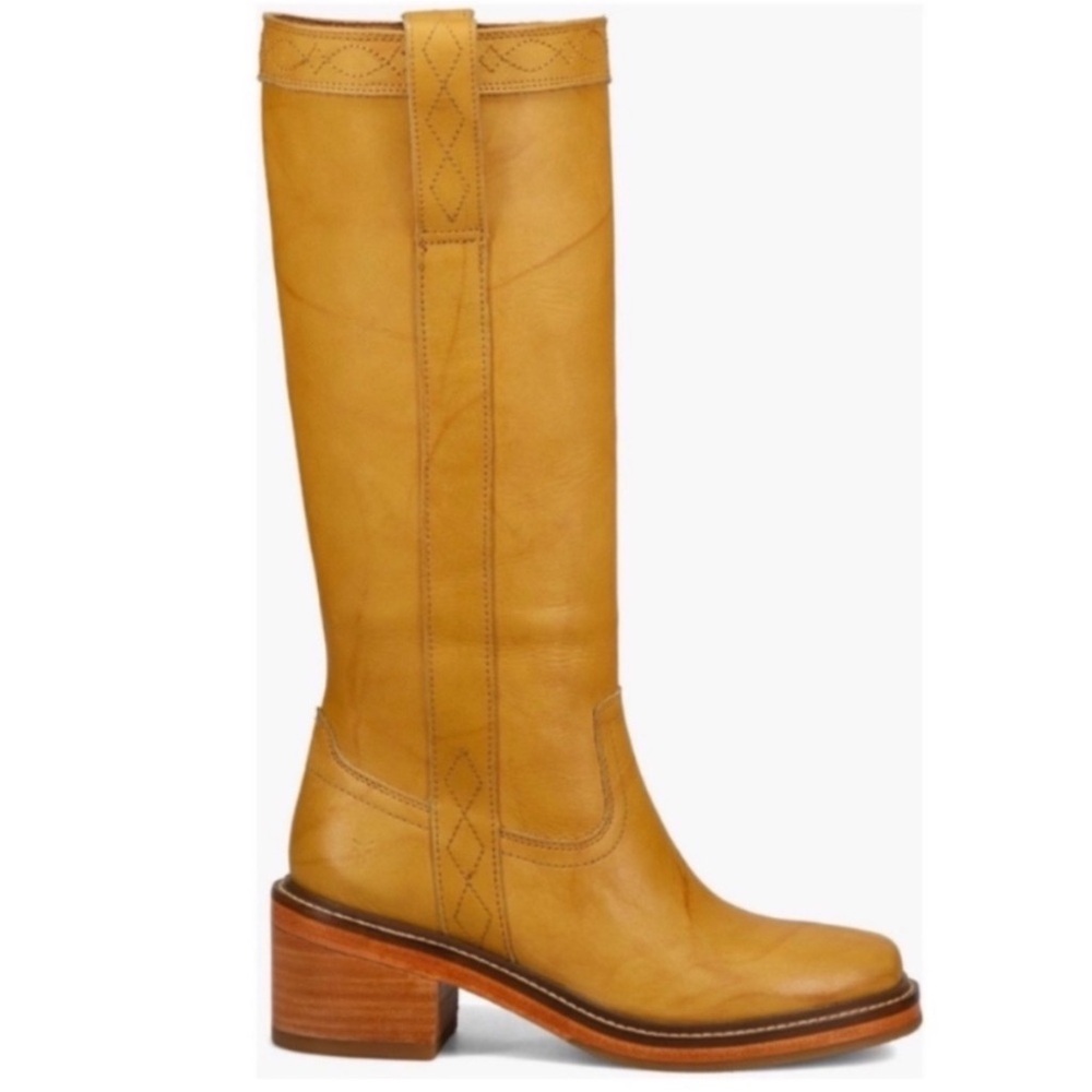 Frye Tall Leather Heeled Boots in Mustard Yellow